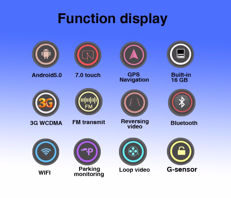 Function display Android5.0 7.0 touch GPS Built-in 16GB Navigation 3G WCDMA FM transmit Reversing video Bluetooth WIFI Parking monitoring Loop video G-sensor